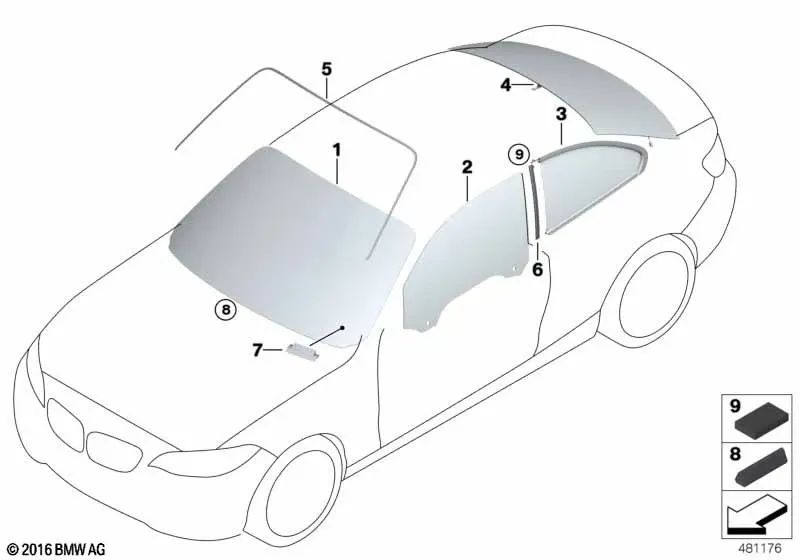 Rear left side window for BMW 2 Series F22, F22N, F87, F87N (OEM 51377345573). Original BMW.