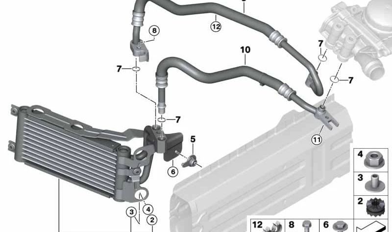 Tubería retorno del radiador de aceite OEM 17227567208 para BMW E90, E91, E92, E93, E84. Original BMW