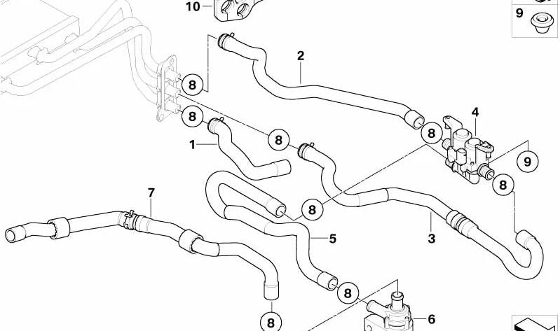 Manguera de válvula de agua para calefacción OEM 64216927808 para BMW E60, E61, E63, E64. Original BMW.