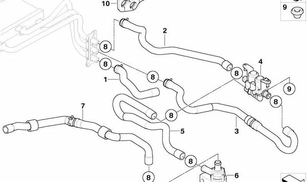 Manguera de válvula de agua para calefacción OEM 64216927808 para BMW E60, E61, E63, E64. Original BMW.