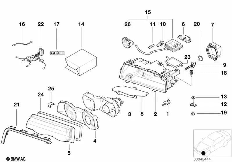 Left headlight insert with xenon light for BMW 7 Series E38 (OEM 63128381333). Original BMW