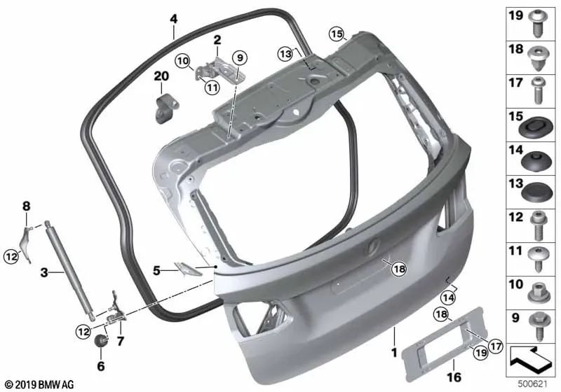 Soporte del amortiguador de gas inferior derecho para BMW Serie 2 F45, F45N (OEM 51247462102). Original BMW