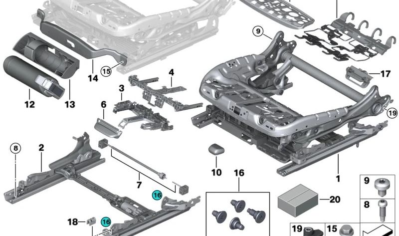 Estructura del asiento parcialmente eléctrico derecha para BMW G30, G31, G32 (OEM 52107386550). Original BMW