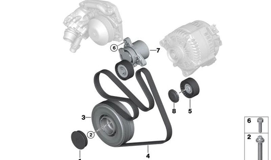 Tensor de correa mecánico OEM 11287619248 para BMW F20, F21, F22, F23, F30, F31, F34, F32, F33, F36, F10, F11, G30, G31, G11, G12, F25, G01, F26, G02. Original BMW.