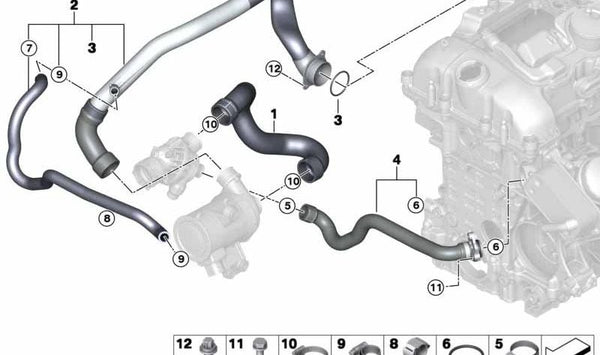 Manguito de retorno de refrigerante OEM 11537649304 para BMW F15, F16, F85, F86. Original BMW.