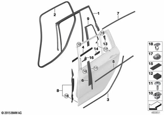 Lower right door glass crossbar sealing for BMW 2 Series F46, F46N (OEM 51357316808). Genuine BMW.