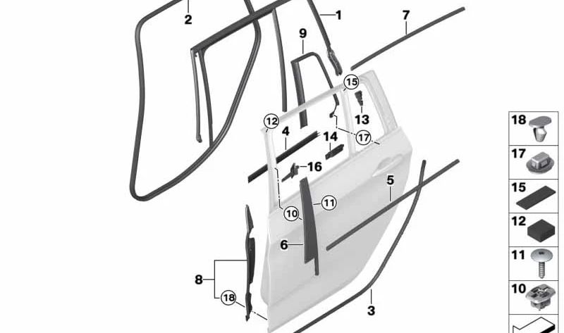 Rear left door outer cover for BMW F46 (OEM 51357326161). Original BMW.