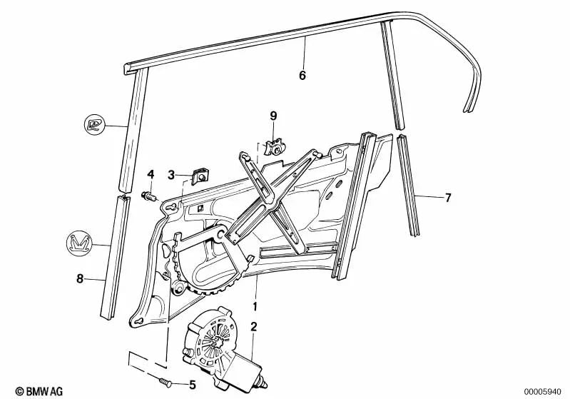 Rear Left Electric Window Regulator for BMW E32 (OEM 51348147529). Original BMW