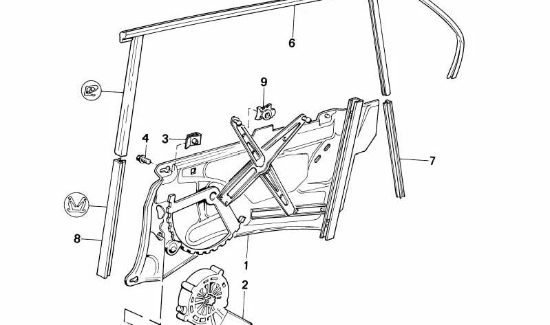 Guía de ventana trasera izquierda OEM 51348111203 para BMW E32. Original BMW.