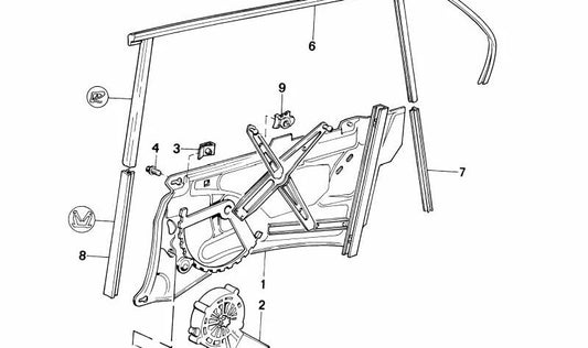 Guía de ventana trasera izquierda OEM 51348111203 para BMW E32. Original BMW.