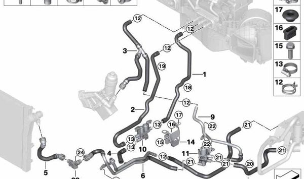 Manguera de refrigerante para BMW X5 E70, F15, F85, X6 E71, F16, F86 (OEM 64216950304). Original BMW.