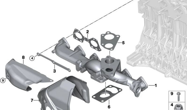 Colector de escape OEM 11627796266 para BMW E90, E91, E92, E60, E61, E63, E64, E83, E70, E71. Original BMW.