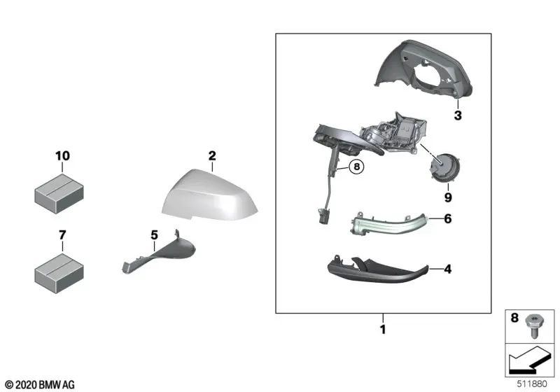 Espejo exterior derecho para BMW I01, I01N (OEM 51167320998). Original BMW.