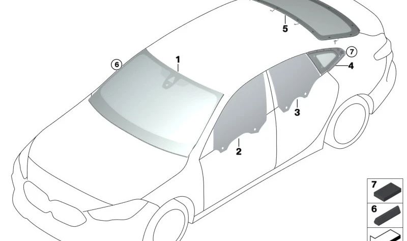 Cristal lateral puerta trasera izquierda para BMW F44 (OEM 51357474353). Original BMW