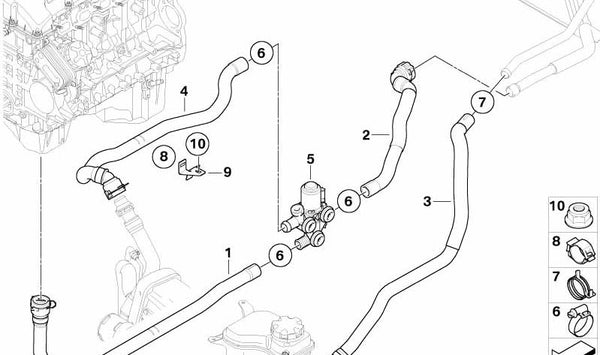 Manguera de válvula de cambio de flujo del motor OEM 64126953092 para BMW E90, E91, E92. Original BMW.