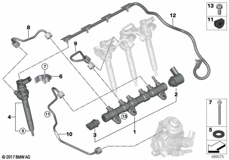 Pressure pipe for BMW 1 Series F20N, F21N, F40, 2 Series F22, F22N, F23, F23N, F44, F45, F45N, F46, F46N, G42, U06, 3 Series F30, F30N, F31, F31N, F34, F34N , G20, G20N, G21, G21N, G28, G28N (OEM 13538579244). Genuine BMW