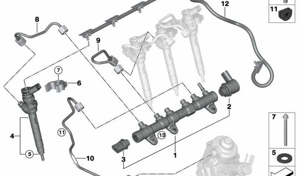 Acumulador de presión de combustible OEM 13538472216 para BMW F70, U06, G60, G61, U11, U10, G45, U25. Original BMW.