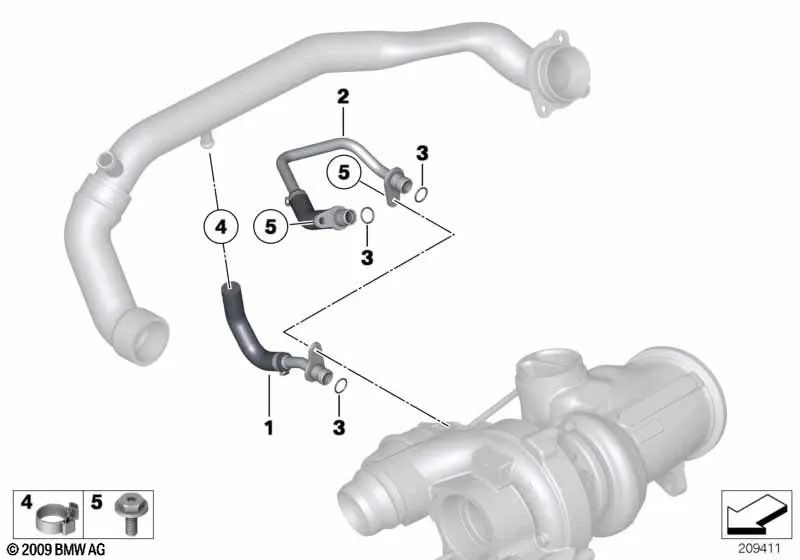 Conductor de Alimentación Enfriamiento del Turbo del Escape para BMW X3 F25, X4 F26, X5 F15, X6 F16 (OEM 11538602577). Original BMW.