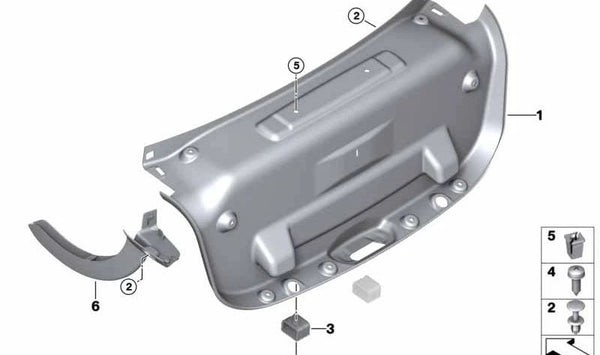 Cubierta bisagra portón trasero derecha OEM 51497387212 para BMW F52. Original BMW.