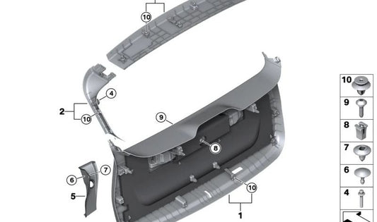 Revestimiento portón trasero inferior interior para BMW U11, U12 (OEM 51499450527). Original BMW