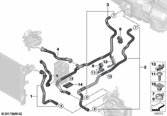 Manguera de retorno del refrigerante 2 para BMW G30, G30N, G31, G38, G32, G11, G12 (OEM 64219321609). Original BMW