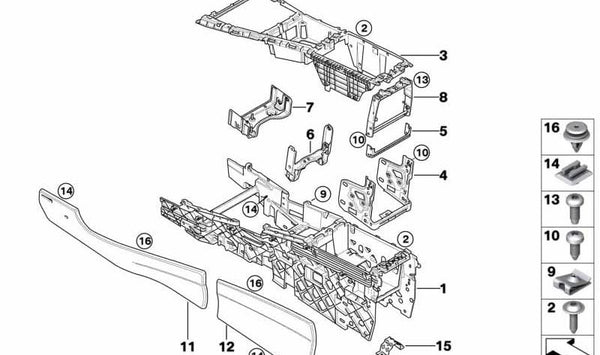 Soporte OEM 51166980080 para la consola central trasera BMW E70, E71, E72. Original BMW.