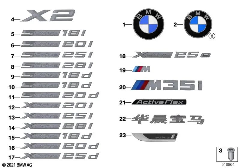 Rechter Schriftzug für BMW F39 (OEM 51145A261A8). Original BMW