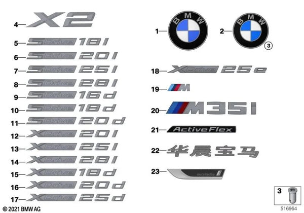 Insignia Logo Emblema X2 trasero maletero para BMW F39. Original BMW.