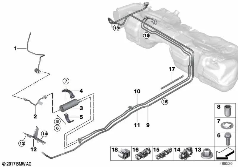 Double cable clip for BMW F20, F21, F22, F23, F87, F30, F31, F34, F35, F80, F32, F33, F36, F82, F83, I01 (OEM 16127277360). Genuine BMW.