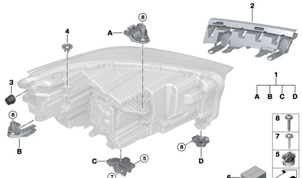 Soporte izquierdo de faro OEM 63115A64451 para BMW Series 5 G30, G31, G38. Original BMW.