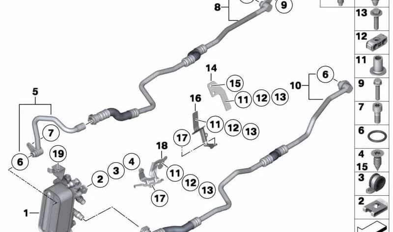 Tubería del radiador de aceite OEM 17227593141 para BMW F10, F11, F01, F02. Original BMW.