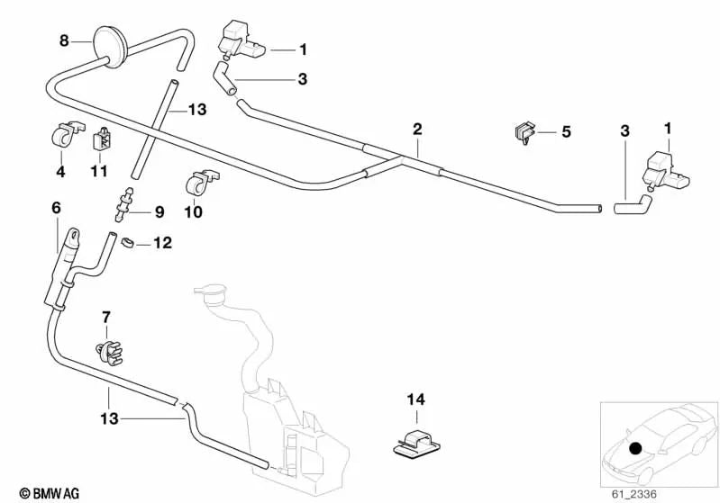 Tubería del sistema de lavado para BMW Serie 7 E38 (OEM 61668372199). Original BMW.