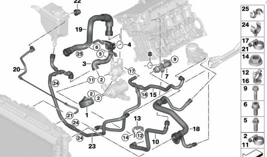 Mangueira de cilindro-theestato para BMW Series 1 E81, E87N, E88, Série 3 E90, E90N, E91, E91N, E92, E92N, E93, E93N, Série 5 E60N, E61N (OEM 11537552395). BMW original