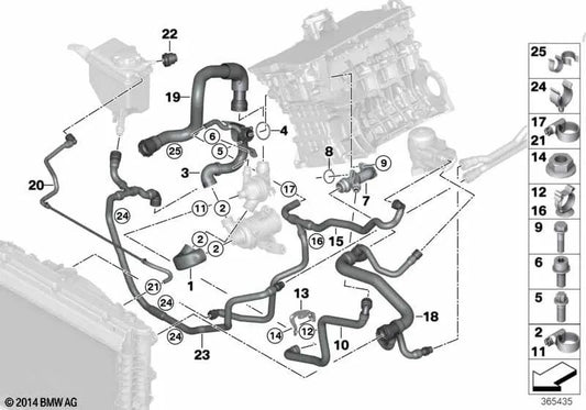 Water hose for BMW 1 Series E81, E82, E87N, E88, 3 Series E90, E90N, E91, E91N, E92, E92N, E93, E93N, 5 Series E60N, E61N (OEM 11537552387). Original BMW