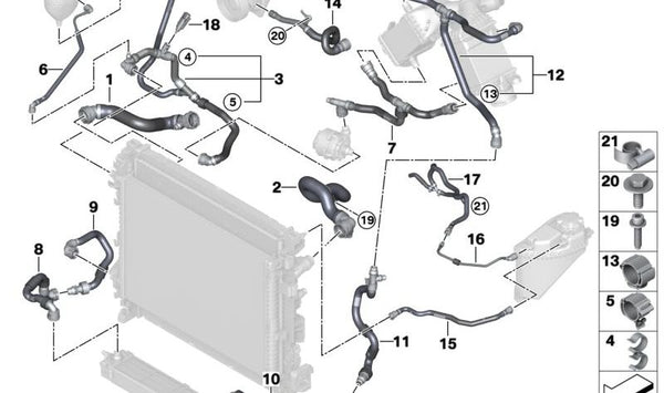 Tubo de ventilación para depósito de expansión OEM 17125A0B4F3 para BMW G05, F95, G06, F96, G07, G09. Original BMW.