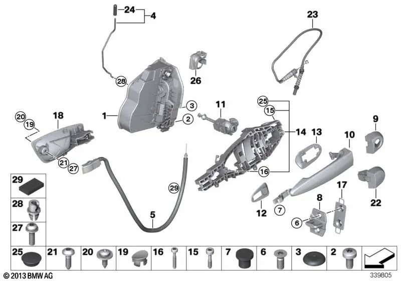 Right interior door handle for BMW 3 Series E90, E90N, E91, E91N (OEM 51417144546). Original BMW.