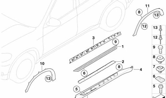 Moldura del arco de rueda trasero izquierdo para BMW X5 E70 (OEM 51777163559). Original BMW