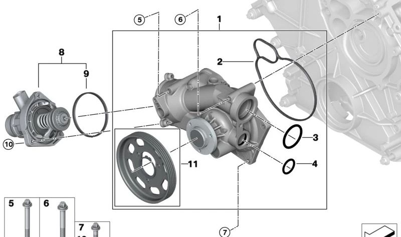 Bomba de agua mecánica OEM 11519468284 para BMW (Modelos compatibles: E46, E90, E91, E92, E93, F30, F31, E39, E60, E61, X3 E83, X5 E53). Original BMW.