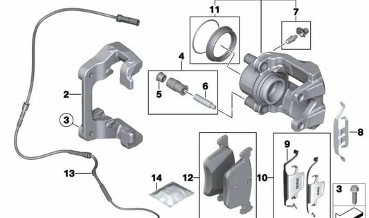 Brake caliper bracket for BMW 3 Series F30, F31, F34, 4 Series F32, F33, F36 (OEM 34116859843). Original BMW.