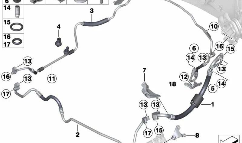 Soporte para la tubería de aspiración del aire acondicionado OEM 64536957494 para BMW E82, E88, E90, E91, E92, E93, E84. Original BMW.