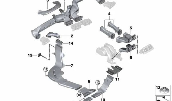 Conducto de aire espacio trasero delantero izquierdo para BMW F90, F90N, G30, G31, G38, Serie 6 G32, G32N, Serie 7 G11, G12 (OEM 51477343501). Original BMW.