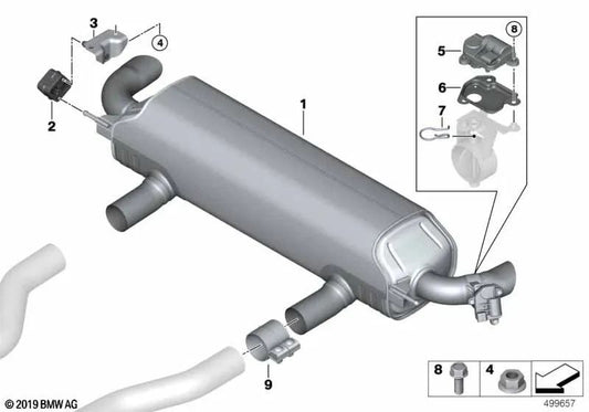 Silenciador trasero con compuerta de escape para BMW G16 (OEM 18309844438). Original BMW.