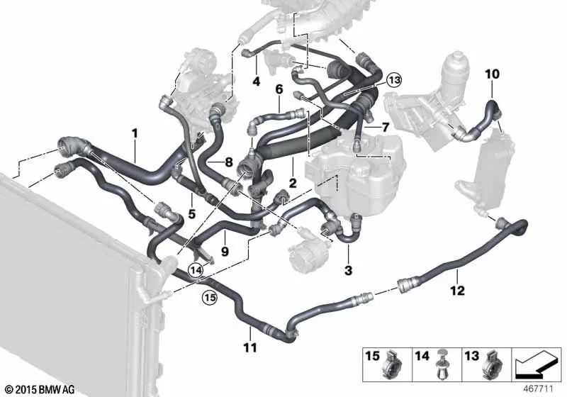 Upper Coolant Hose for BMW 1 Series F20N, F21N, 2 Series F22, F22N, F23, F23N, 3 Series F30N, F31N, F34N, F35N, 4 Series F32, F32N, F33, F33N, F36, F36N (OEM 17128662836). Genuine BMW.