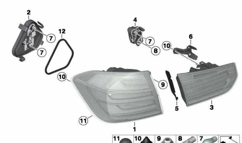 Porta della lampada posteriore per pilota sul lato destro. OEM 63217313044 per BMW F30, F35, F80. BMW originale.