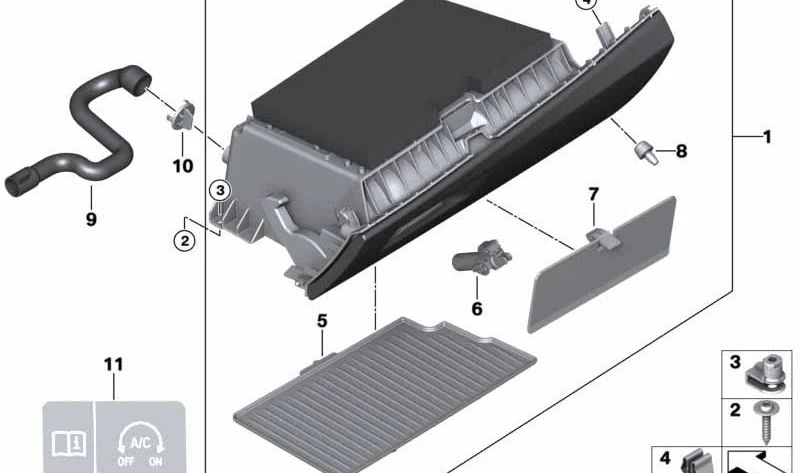 Glove box with chrome trim for BMW 2 Series F45, F46 (OEM 51169378426). Original BMW