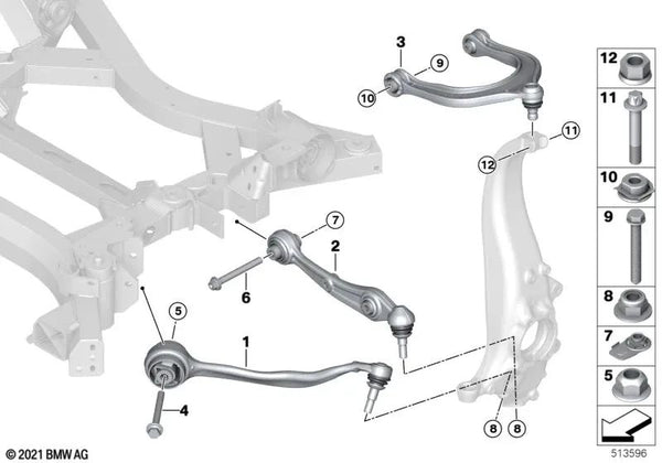 Brazo de control con buje de goma superior izquierdo para BMW i I20, X5 G05, G18, X6 G06, X7 G07 (OEM 31106883115). Original BMW