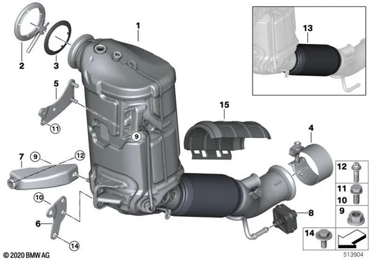 Soporte para catalizador cercano al motor para BMW F40, F44, F45N, F46N, F48, F48N, F39 y MINI F54, F55, F56, F57, F60 (OEM 18328580248). Original BMW