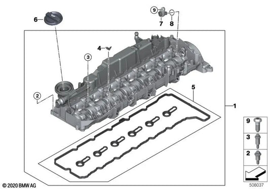 Tapa de Culata para BMW G20, G20N, G21, G21N, G22, G23, G26, G30N, G31N, G32N, G11N, G12N, G70, G01, G01N, G02, G02N, G05, G05N, G06, G06N (OEM 11128490769). Original BMW.