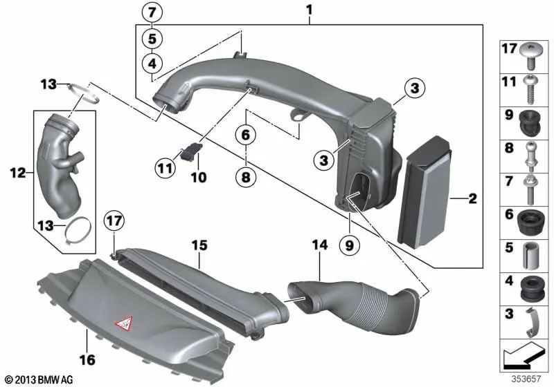 Amortiguador de ruido de admisión para BMW Serie 5 F10, F11, Serie 7 F01N, F02N, X5 E70N, F15, X6 E71, F16 (OEM 13718508199). Original BMW