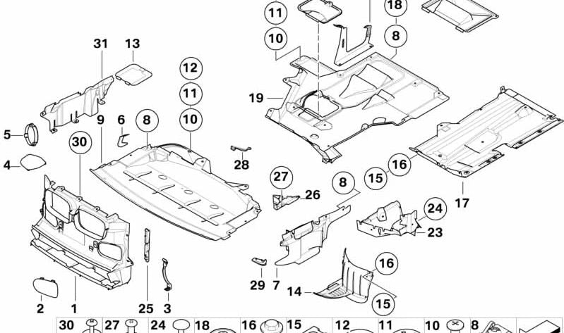 Cubierta del compartimento del motor inferior izquierda para BMW Serie 5 E39 (OEM 51717008689). Original BMW